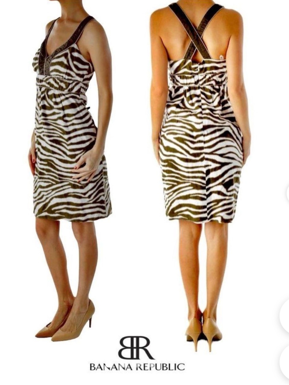 Banana Republic Organic Linen Brown and White Zebra Print Sleeveless Midi Dress
